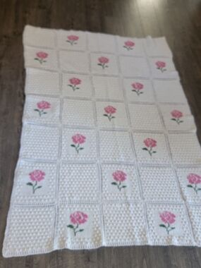 White Crochet Blanket with Pink Rose Motifs